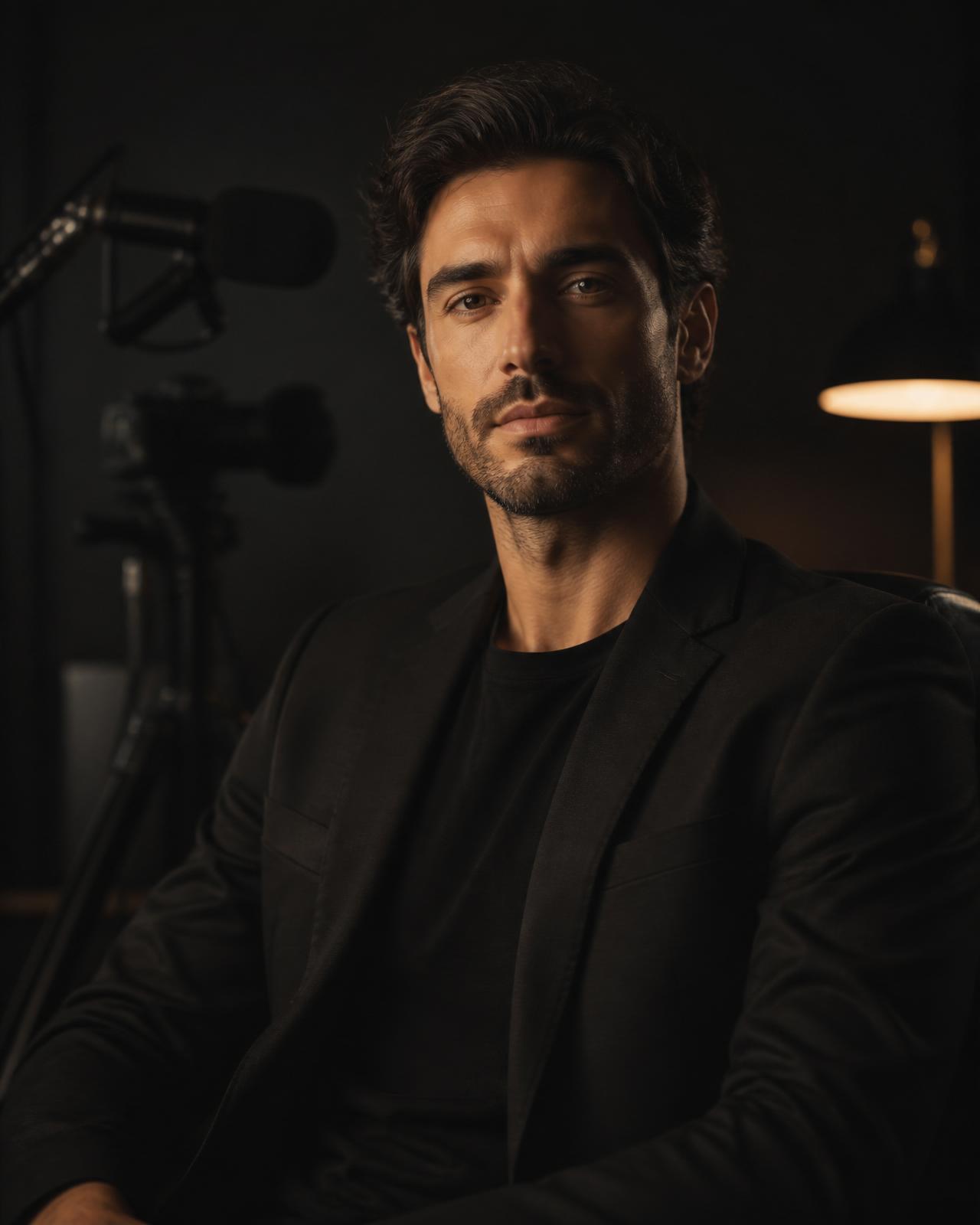 Retrato editorial de um criador em estúdio privado, iluminação cinematográfica.